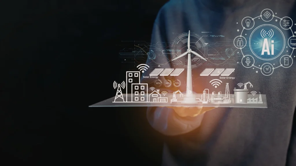 Smart Irrigation 5 Visualization of AI in water management showing smart sensors, data analytics, and predictive models forecasting water demand and losses.