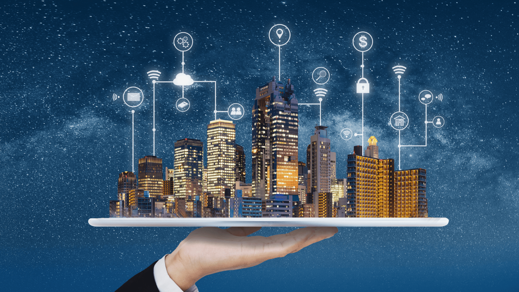 Smart cities engineering concept showing connected urban infrastructure, IoT sensors, data platforms, and cost-optimized city systems.