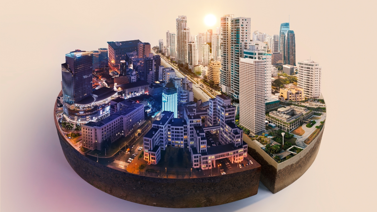 Smart city digital twin showing urban infrastructure, buildings, transport, and utilities modeled in a virtual environment.