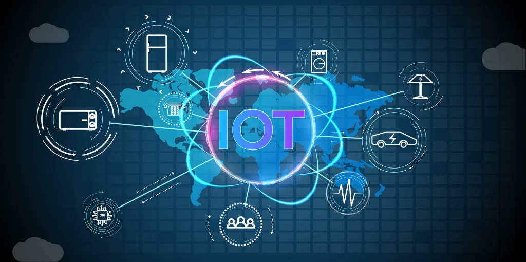 Illustration explaining IoT and digital twin technology showing connected devices syncing with a virtual model in real time.