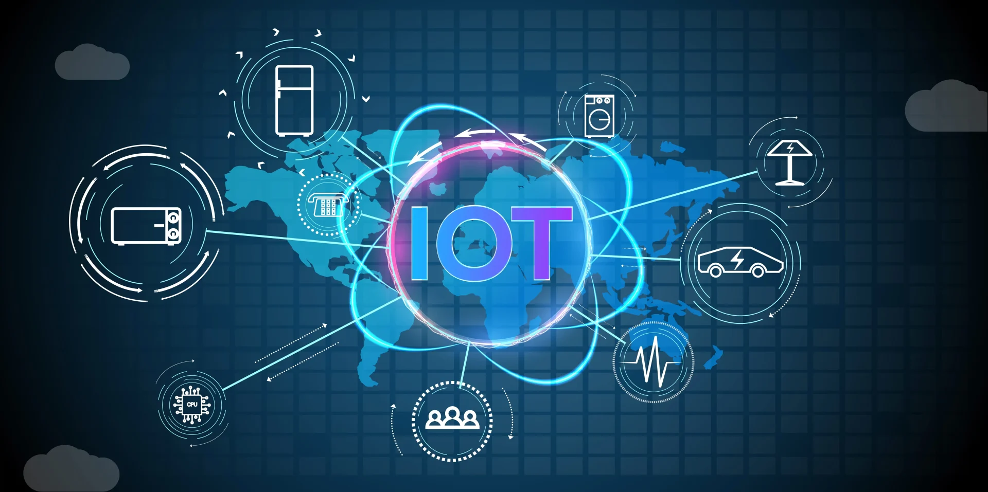 Illustration explaining IoT and digital twin technology showing connected devices syncing with a virtual model in real time.
