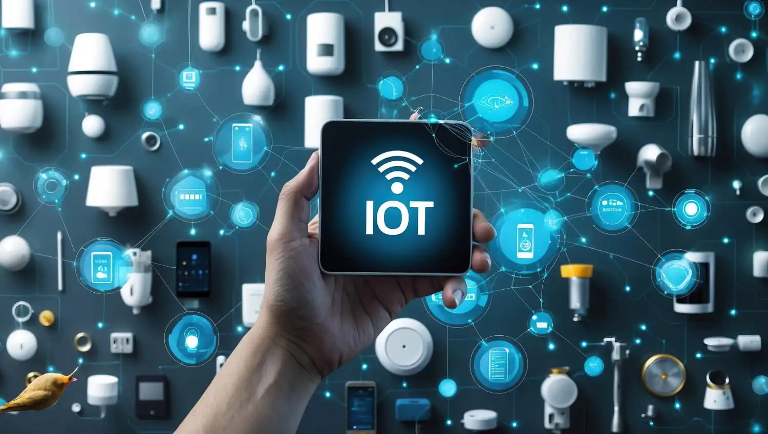 Illustration showing different types of IoT sensors including temperature, motion, light, pressure, and humidity sensors used in smart systems.