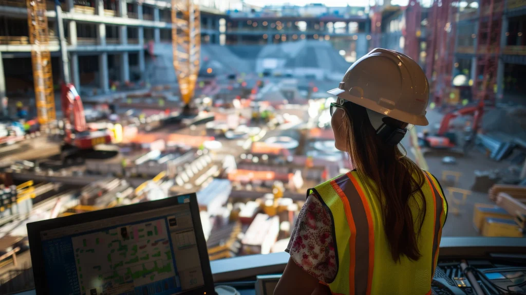 Smart construction site using IoT sensors, drones, and AI-powered equipment to improve safety, efficiency, and project management.
