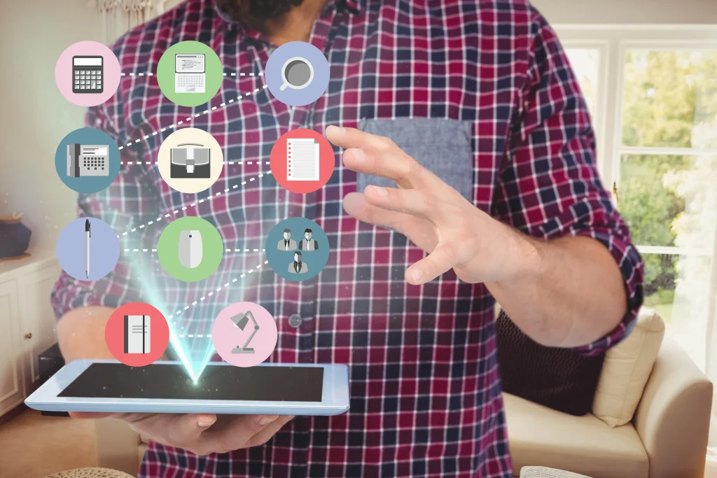 Diagram illustrating IoT device management, showing connected sensors and devices being remotely monitored, configured, updated, and secured through a centralized cloud platform.