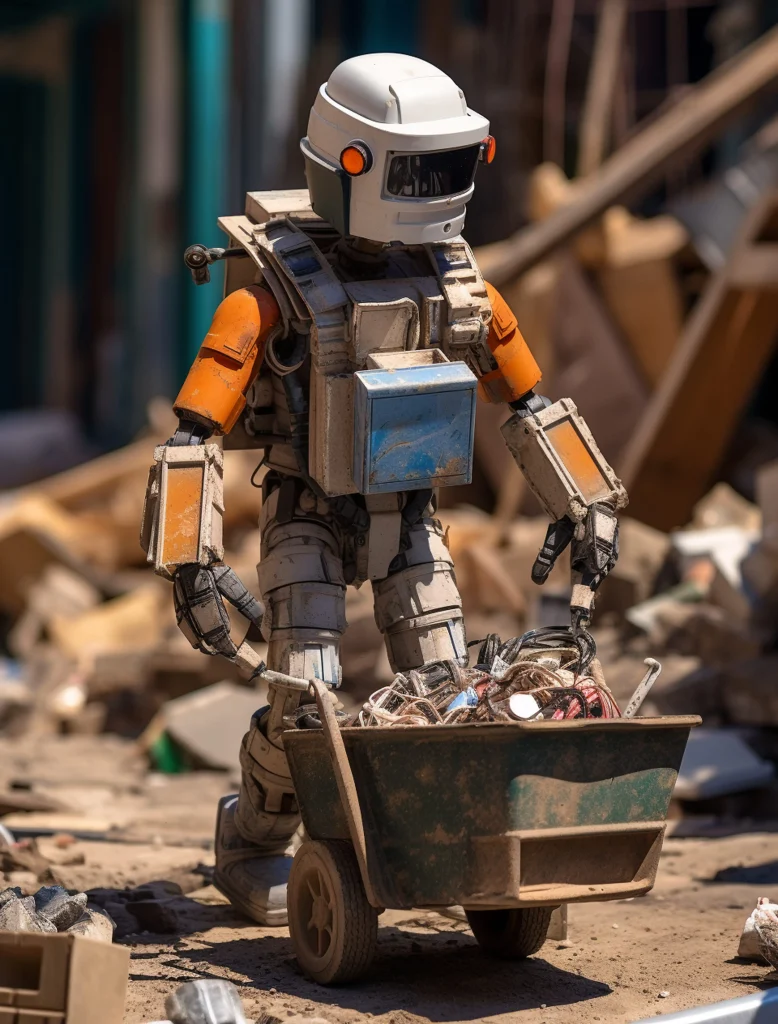 Autonomous construction robots performing bricklaying and material handling tasks on an active building construction site.