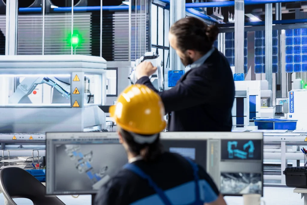Robotics/Automation 3 Industrial automation system with robotic arms, PLC control panels, and real-time monitoring screens in a smart manufacturing facility.