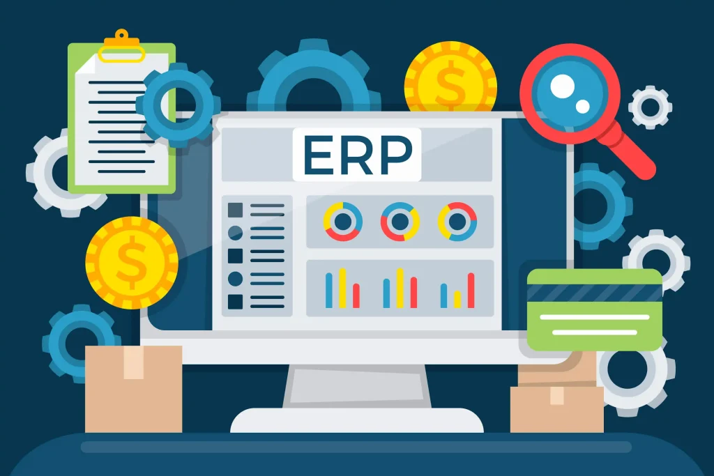 Engineering ERP software dashboard displaying project management, financial tracking, resource planning, and workflow automation tools.