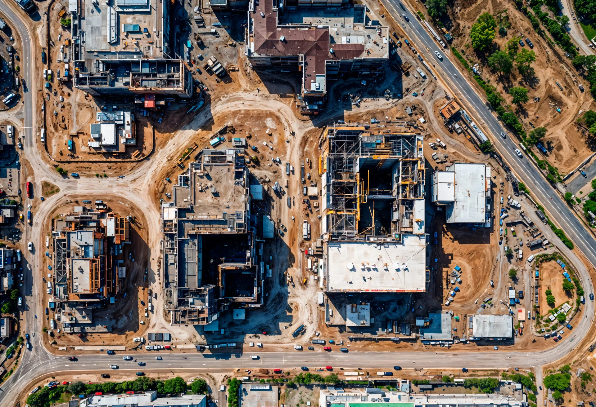 GIS mapping system displaying construction site data, terrain analysis, and infrastructure planning layers on a digital map interface.