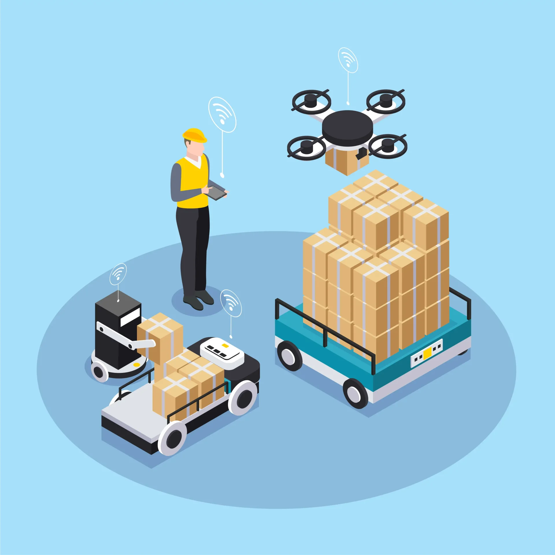 Warehouse inventory system using IoT sensors and RFID tags to track stock levels and item locations in real time.