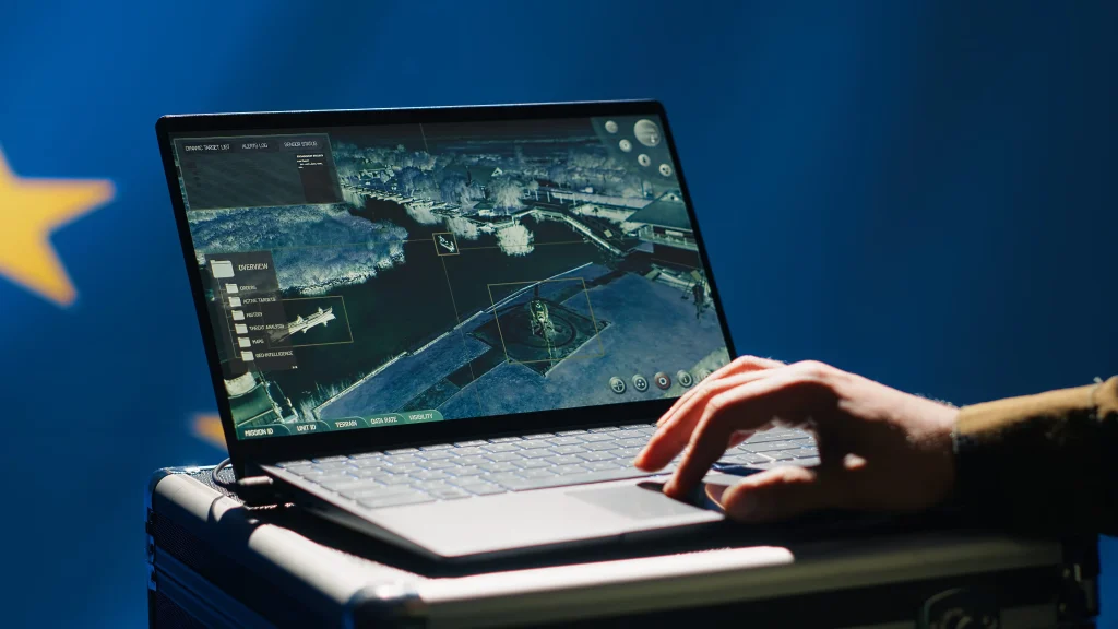 Illustration of geospatial digital twin technology showing a smart city with 3D buildings, real-time data layers, sensors, and urban planning analytics.