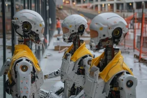 Robotic construction workers performing automated tasks like bricklaying and material handling on a modern construction site.