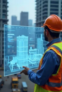 5D BIM model displaying 3D building design integrated with cost estimation and project scheduling data on a digital platform.