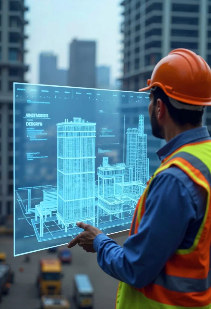 5D BIM model displaying 3D building design integrated with cost estimation and project scheduling data on a digital platform.