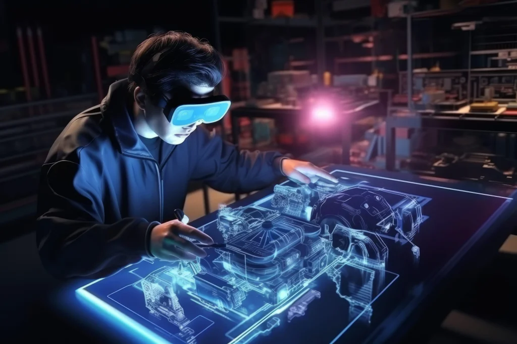 Construction professionals using AR and VR headsets to visualize building designs and interact with 3D models on a job site.