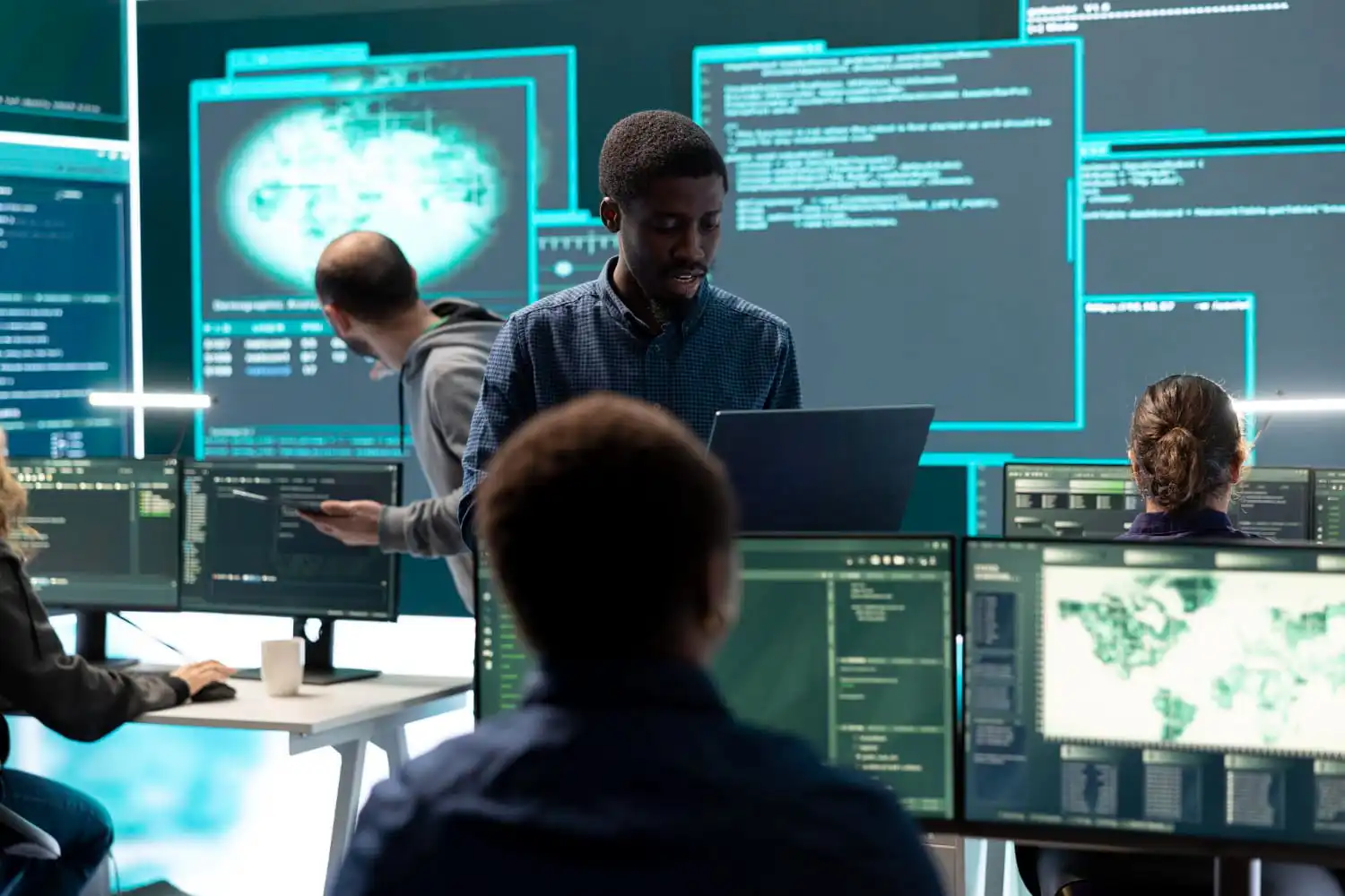 Cybersecurity monitoring dashboard protecting critical infrastructure networks with threat detection alerts and security analytics.