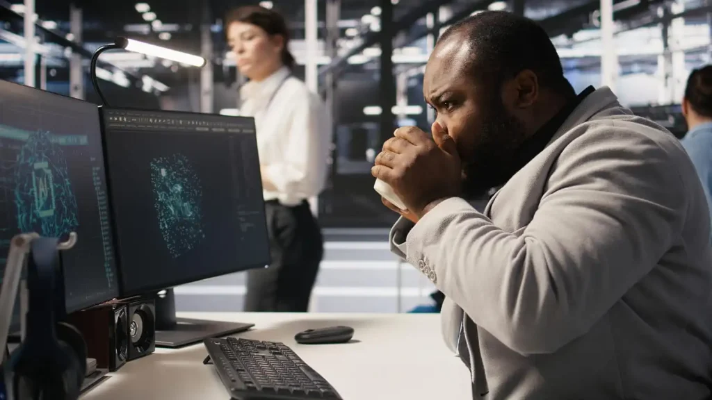 Industrial cybersecurity system monitoring manufacturing equipment, control networks, and security alerts through a centralized operations dashboard.