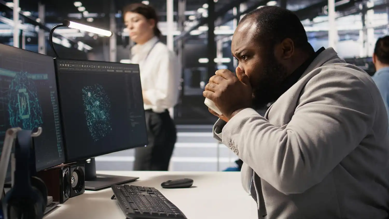 Industrial cybersecurity system monitoring manufacturing equipment, control networks, and security alerts through a centralized operations dashboard.