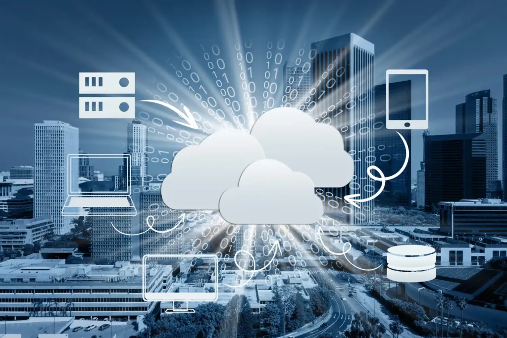 Cloud-based construction management platform displaying project data, team collaboration tools, document sharing, and real-time site monitoring.