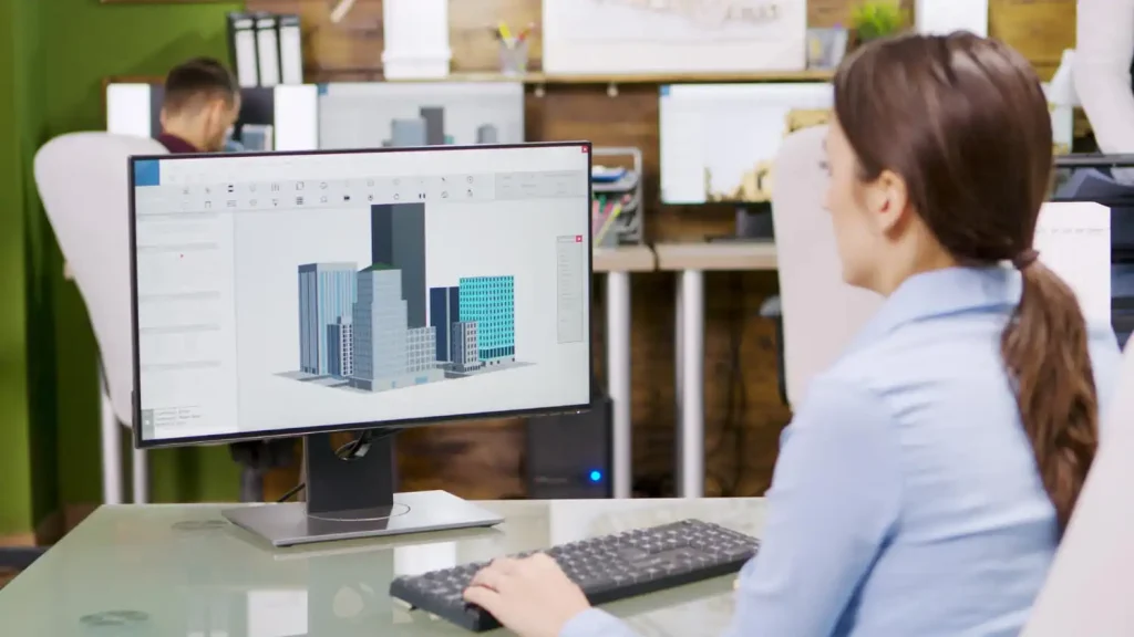 BIM construction software dashboard displaying 3D building models, project updates, collaboration tools, and industry news analytics.