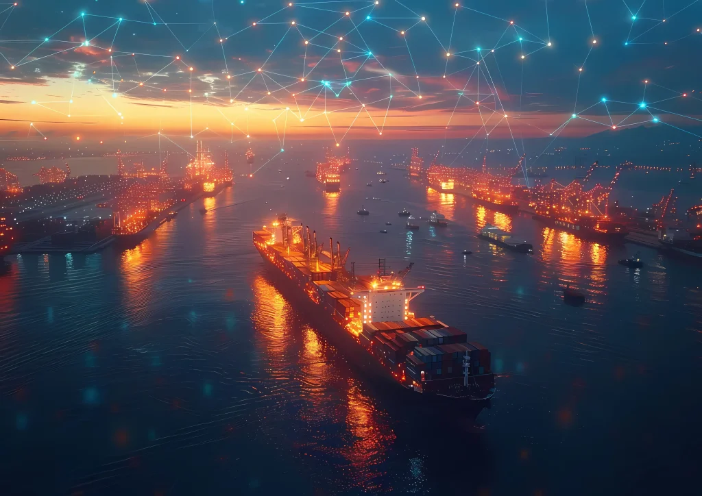 Latest News 3 Cargo ships navigating a narrow maritime route with global supply chain routes and semiconductor shipment delays highlighted on a digital map.