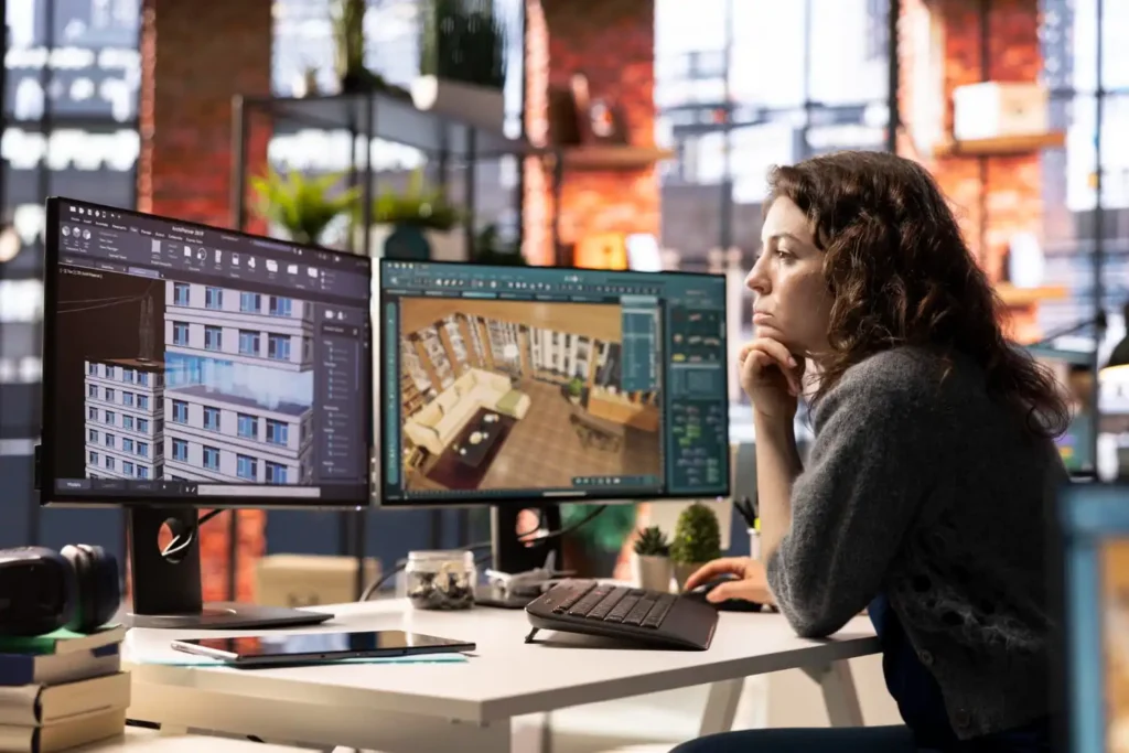 Virtual Design and Construction platform displaying a BIM model, project scheduling data, clash detection, and construction planning tools.