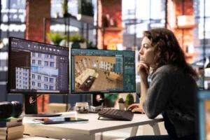 Virtual Design and Construction platform displaying a BIM model, project scheduling data, clash detection, and construction planning tools.