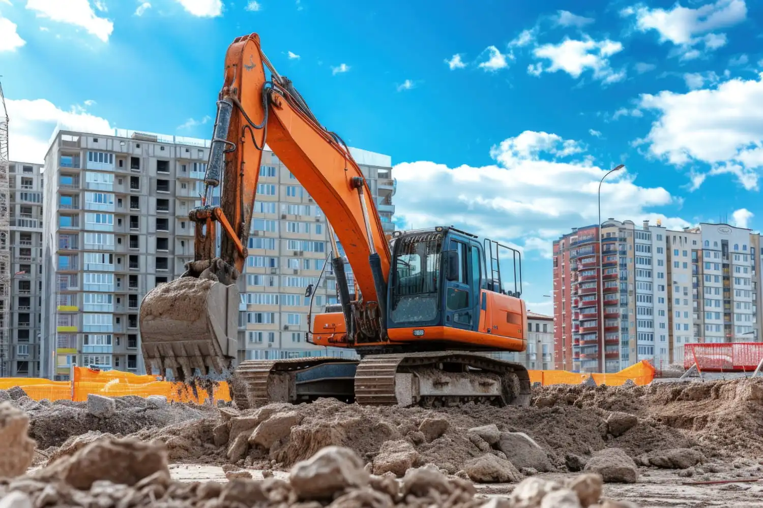 Various construction machines including excavators, bulldozers, loaders, cranes, and concrete mixers operating on a building construction site.