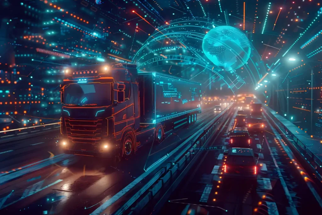 AI-powered transportation dashboard displaying logistics analytics, fleet tracking, supply chain optimization, and smart mobility data.