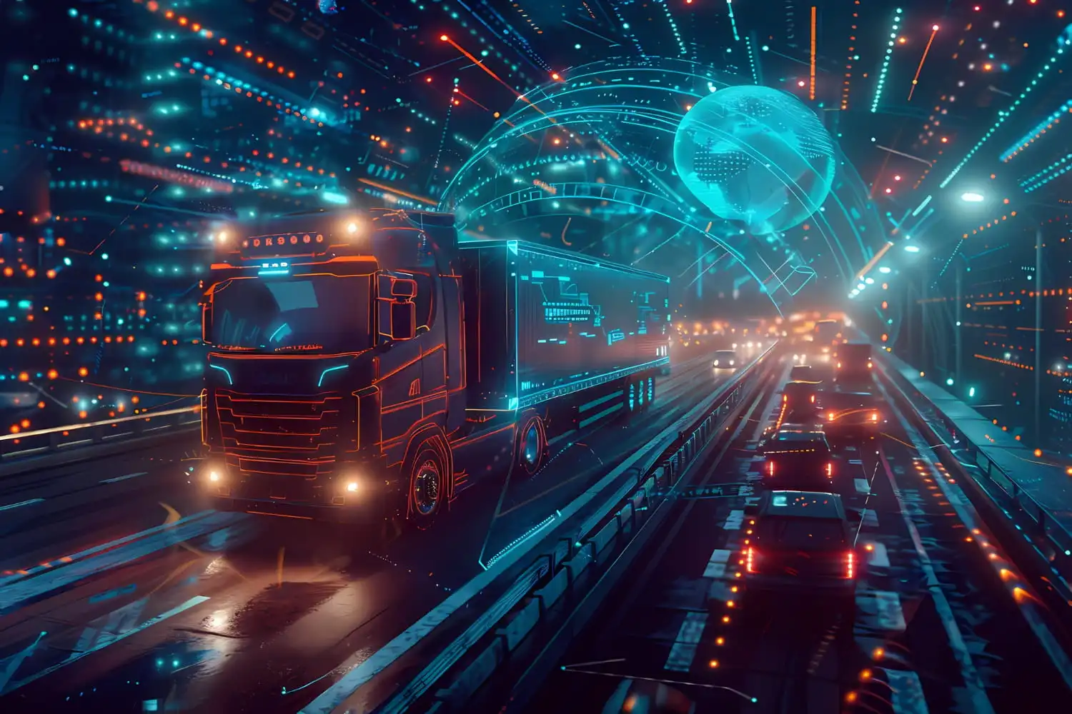 AI-powered transportation dashboard displaying logistics analytics, fleet tracking, supply chain optimization, and smart mobility data.