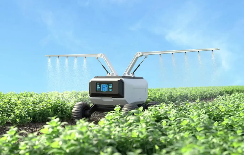 Smart irrigation system with soil moisture sensors, automated valves, and a digital dashboard monitoring water usage and crop conditions.
