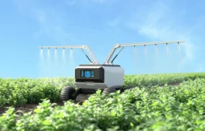 Smart irrigation system with soil moisture sensors, automated valves, and a digital dashboard monitoring water usage and crop conditions.