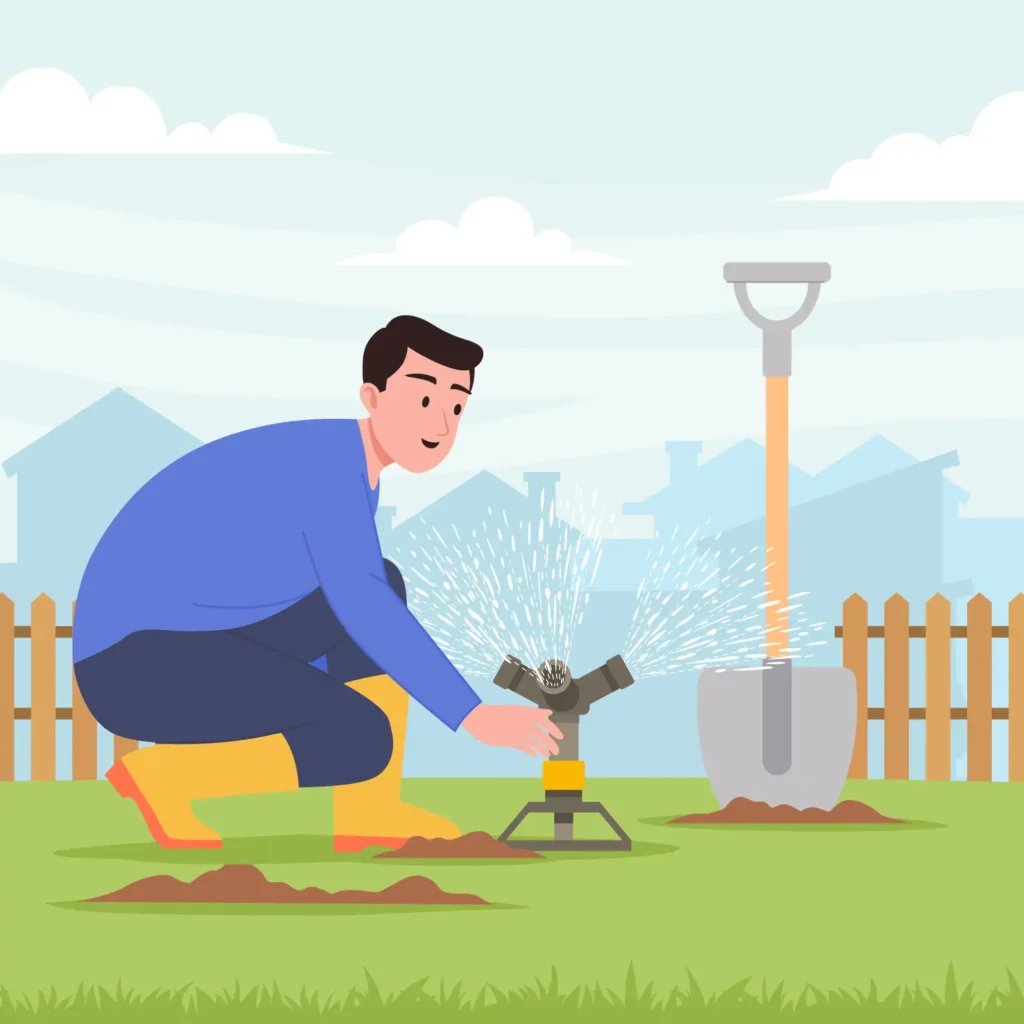 Homeowner installing a sprinkler irrigation system with pipes, sprinkler heads, and a controller for efficient landscape watering.