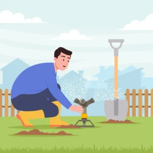 Homeowner installing a sprinkler irrigation system with pipes, sprinkler heads, and a controller for efficient landscape watering.
