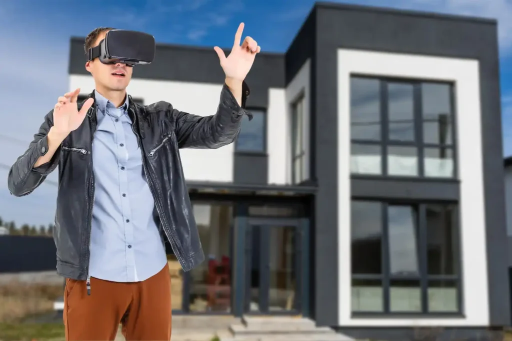 Construction worker wearing augmented reality smart glasses viewing a BIM model and real-time project data on an active construction site.