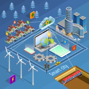 AI-powered city planning software displaying digital maps, water distribution networks, infrastructure assets, and predictive maintenance insights.