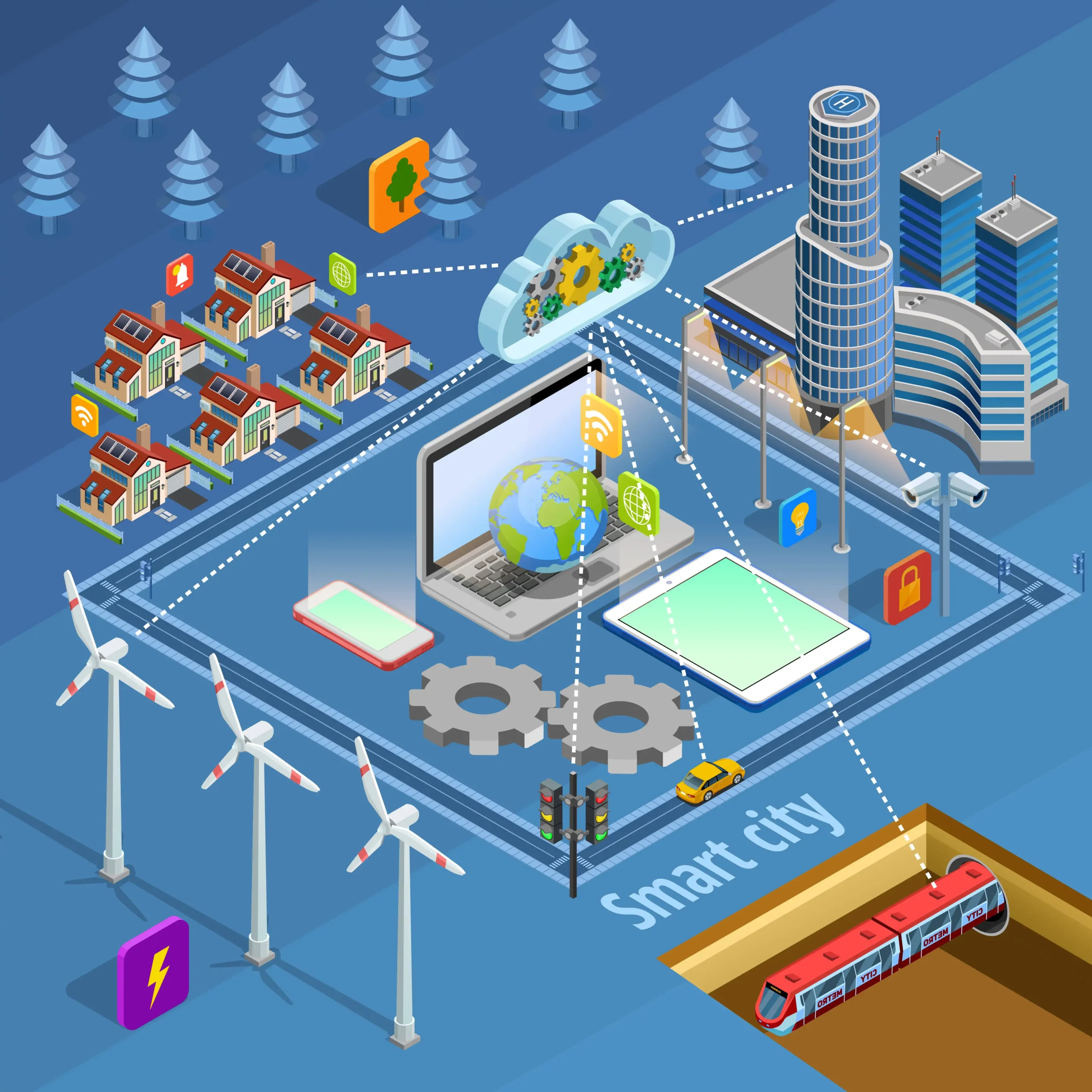 AI-powered city planning software displaying digital maps, water distribution networks, infrastructure assets, and predictive maintenance insights.