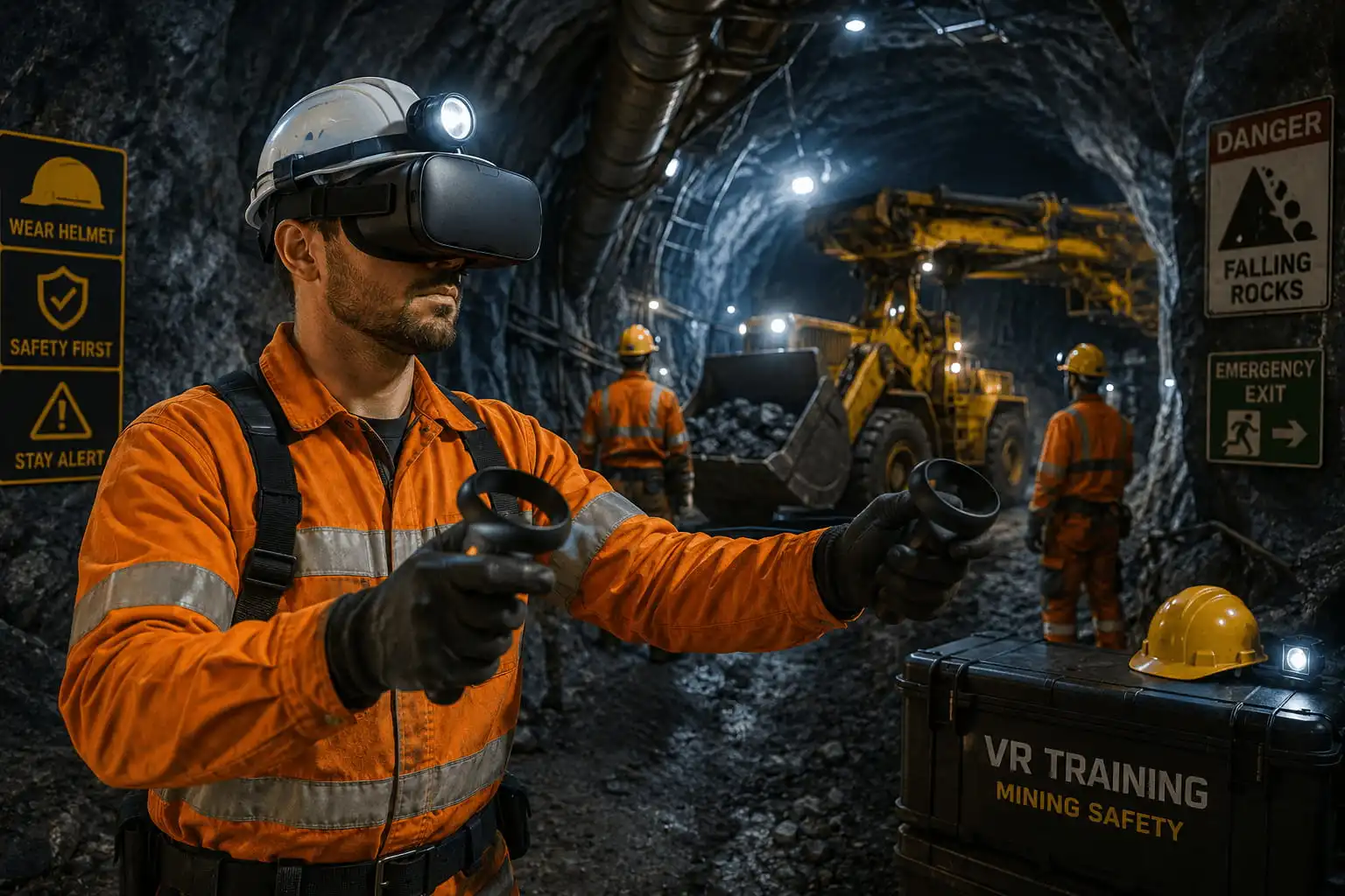 Underground miner using a virtual reality headset in a mining safety training simulator with realistic mine tunnels and heavy equipment.