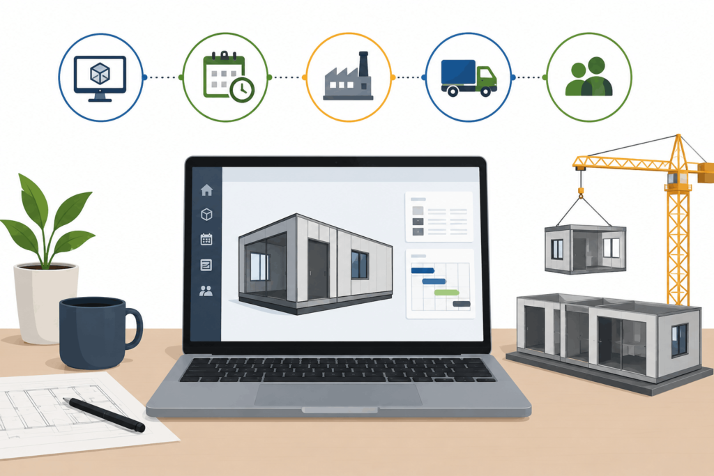 Construction professionals using prefab construction management software to coordinate modular building design, production schedules, and on-site installation.