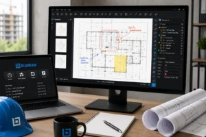 Construction professionals reviewing Bluebeam software on a desktop, collaborating on digital blueprints, PDF markups, and project documentation.