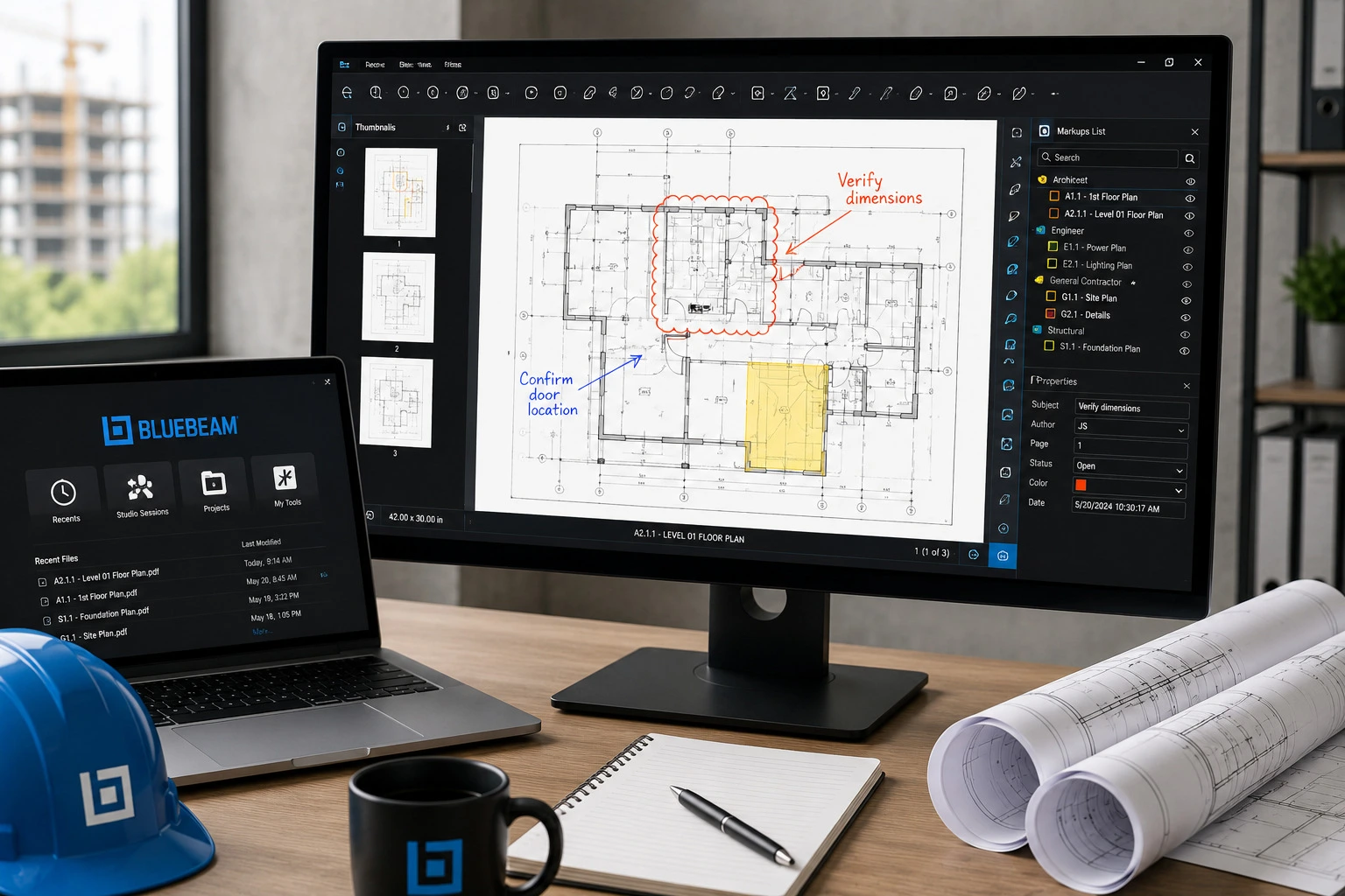Construction professionals reviewing Bluebeam software on a desktop, collaborating on digital blueprints, PDF markups, and project documentation.