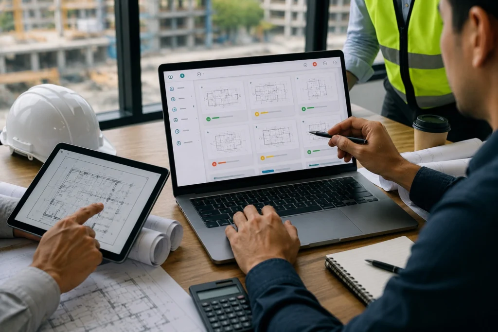 Construction professionals using submittal management software to review digital drawings, approve documents, and track project submissions.
