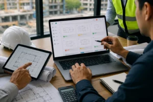 Construction professionals using submittal management software to review digital drawings, approve documents, and track project submissions.