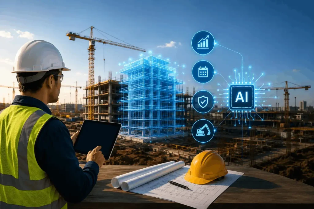 AI-powered civil engineering platform displaying construction schedules, predictive analytics, BIM models, and project cost optimization dashboards.