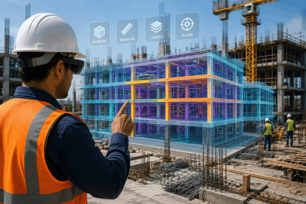 Construction engineer using augmented reality technology to view interactive 3D building models overlaid on a construction site.