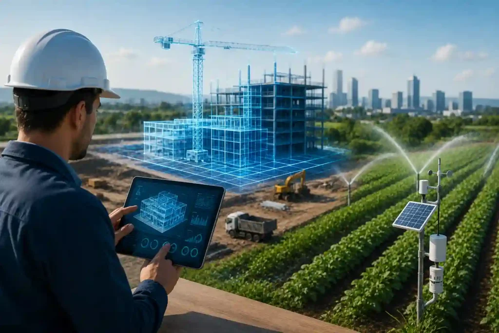 Engineer reviewing a BIM digital twin dashboard that integrates AI-powered smart irrigation data, predictive construction monitoring, IoT sensors, and real-time site analytics.