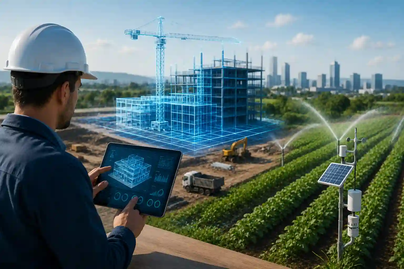 Engineer reviewing a BIM digital twin dashboard that integrates AI-powered smart irrigation data, predictive construction monitoring, IoT sensors, and real-time site analytics.