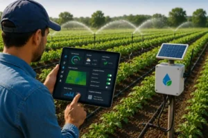 Farmer using Blue Soil software to monitor soil moisture and automate drip and sprinkler irrigation systems for efficient crop watering.