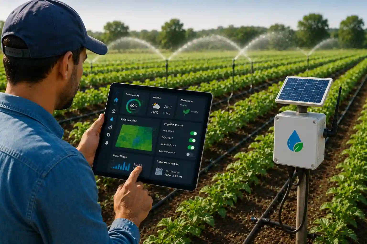Farmer using Blue Soil software to monitor soil moisture and automate drip and sprinkler irrigation systems for efficient crop watering.