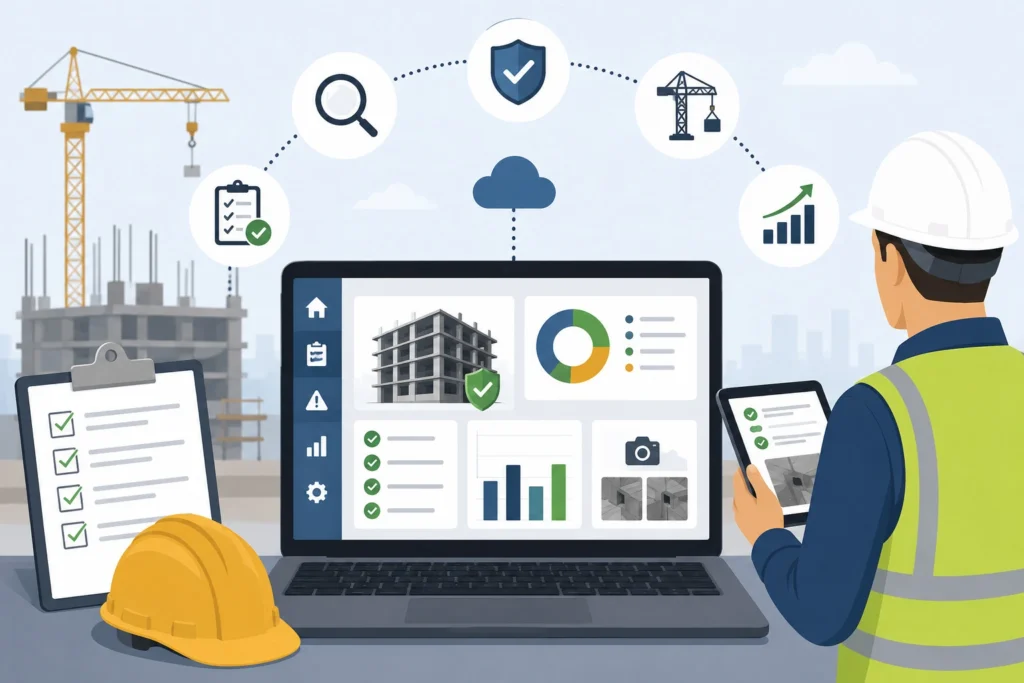 Construction quality assurance software dashboard displaying inspection checklists, defect tracking, compliance monitoring, and project quality management.