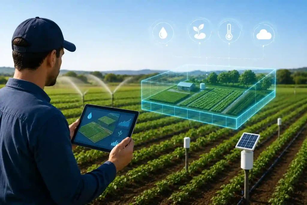 Farmer using a digital twin agriculture platform on a tablet to monitor soil moisture, weather conditions, smart irrigation systems, and real-time crop data across a connected farm.